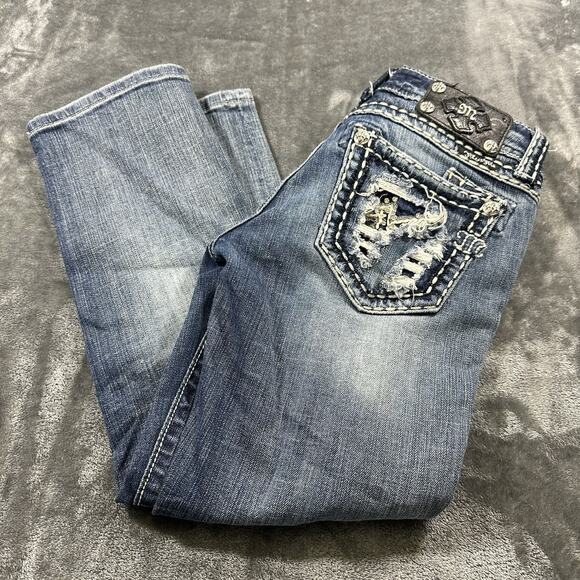 Miss Me Jeans Womens 27 Blue Capri JE5152P10 Embroidered Distressed Rhinestones - Picture 9 of 13